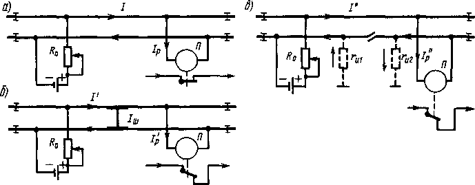 Схемы, поясняющие работу рельсовой цепи в нормальном (а), шунтовом (б)