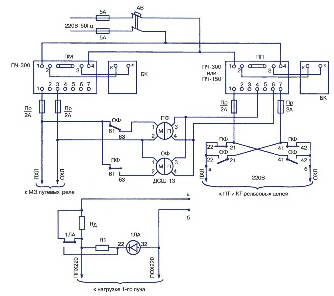 Схема питающих устройств РЦ 25 Гц с реле ДСШ-13 с одним преобразователем