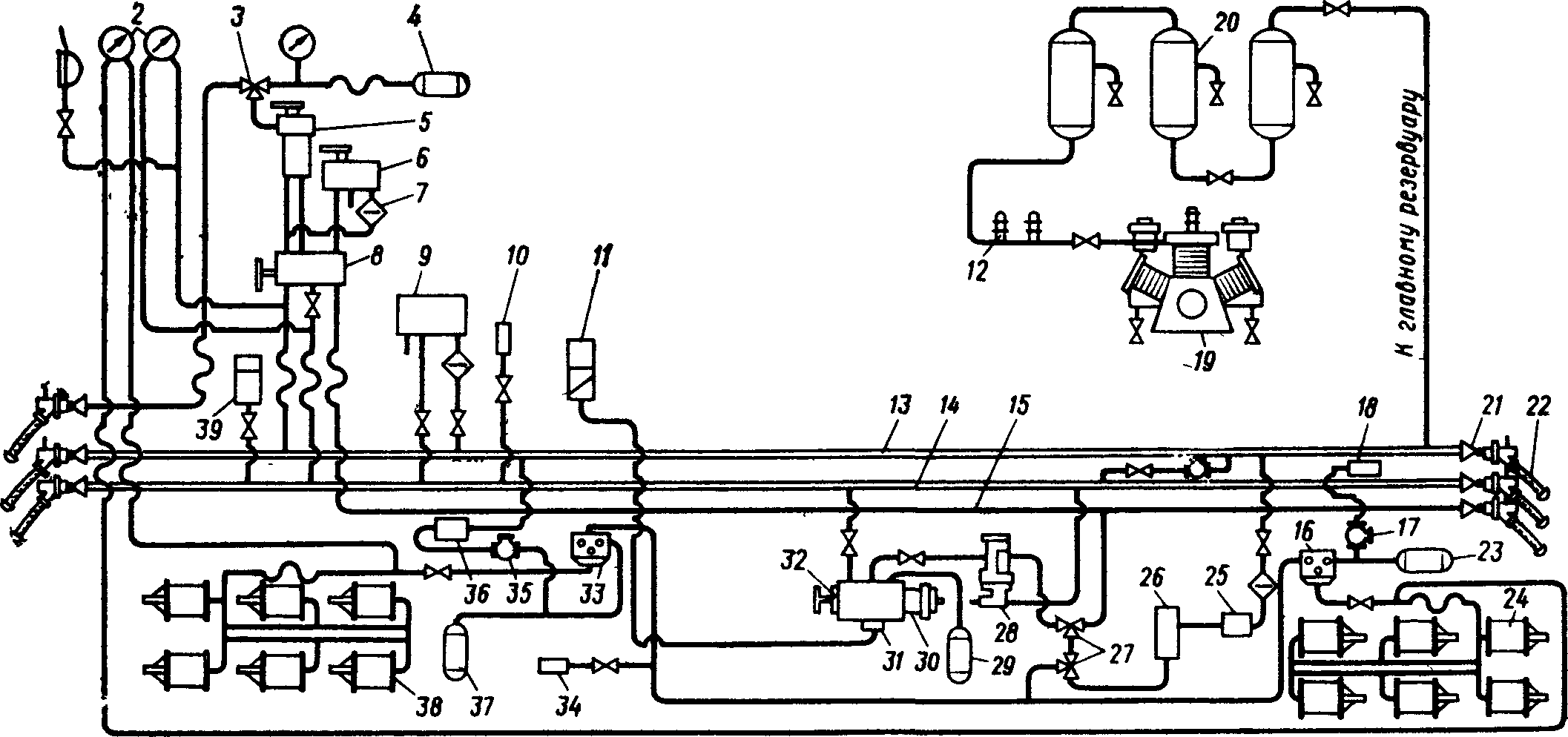 схема тормозного оборудования одной секции электровоза ВЛ11 и тепловозов 2ТЭ121 и ЗТЭ10М