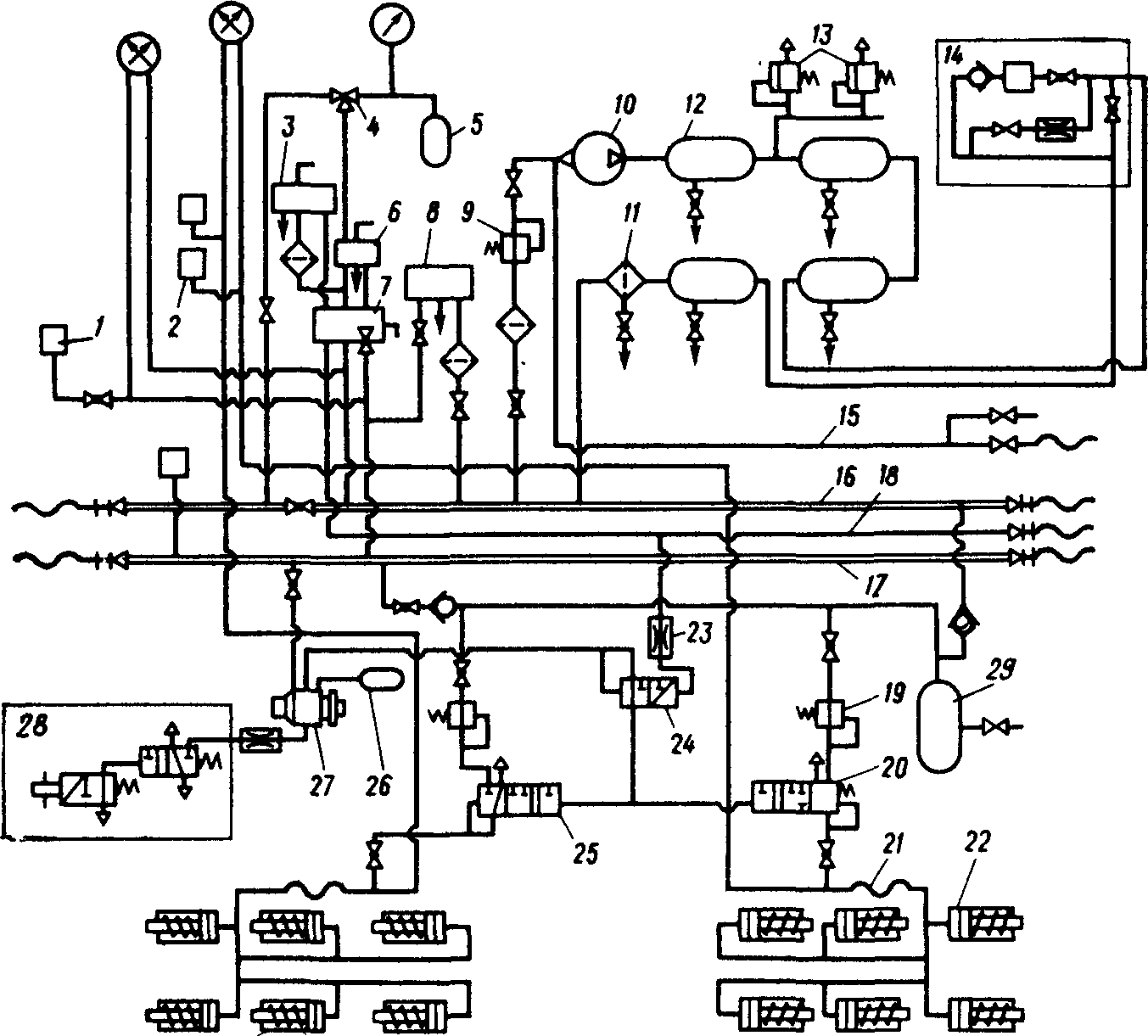 Схема тормозного оборудования крайней секции тепловоза 3ТЭ10М