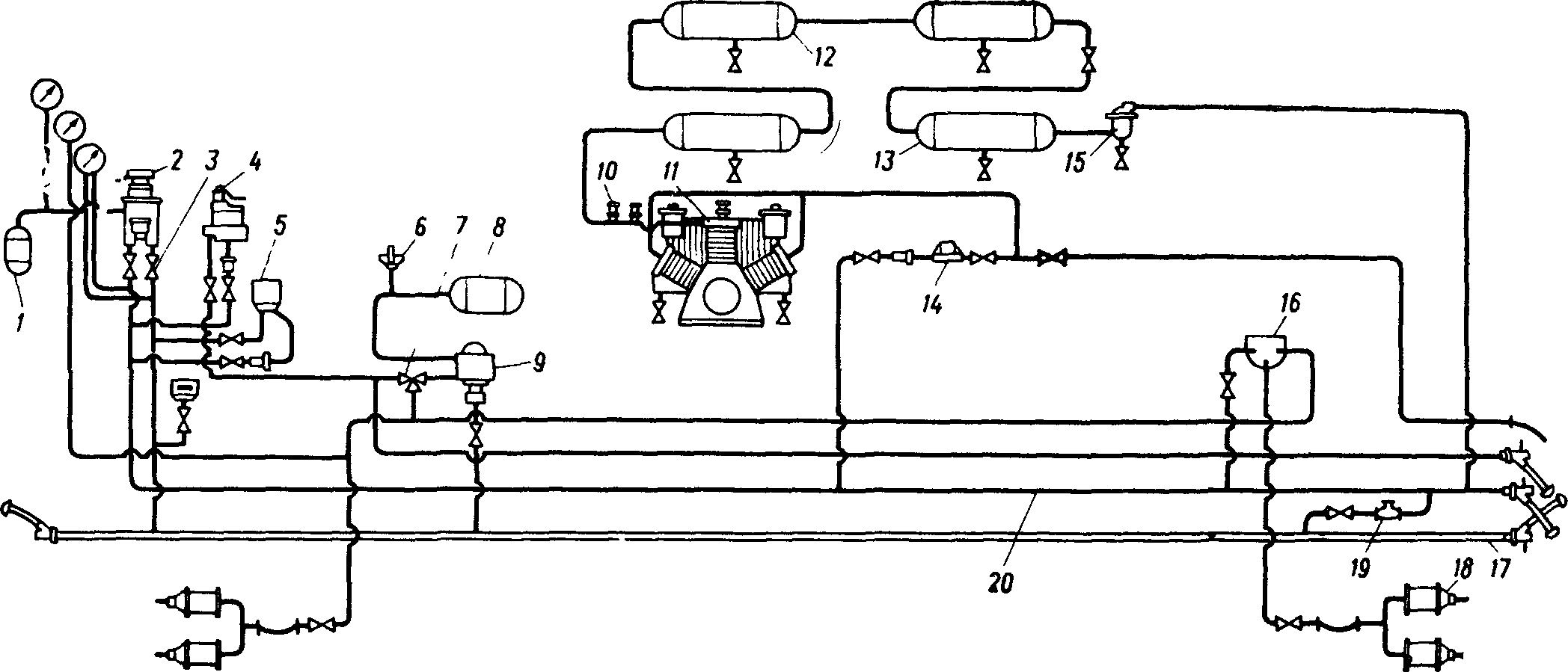 Пневматическая схема тормозного оборудования тепловоза ТЭ7