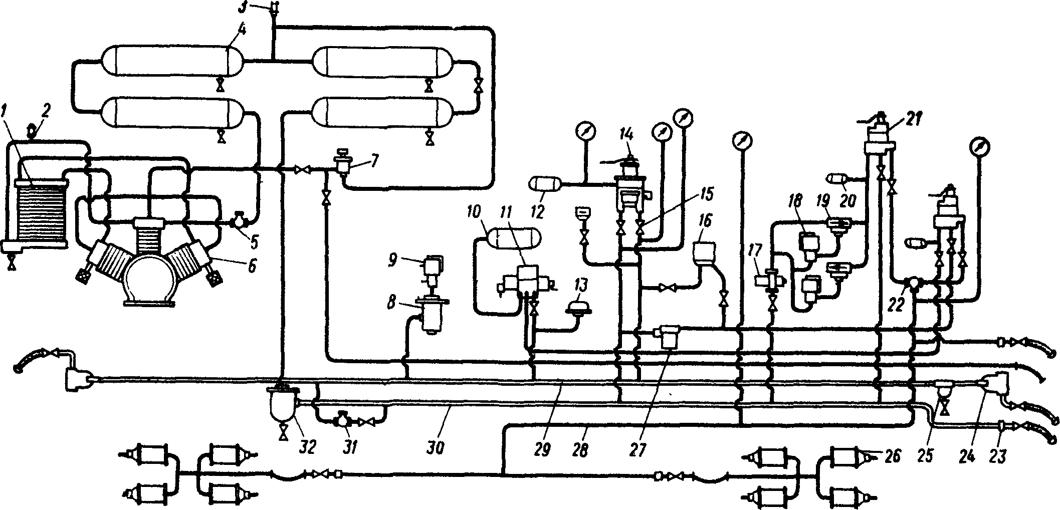 Пневматическая схема тормозного оборудования тепловоза ЧМЭЗ с двумя постами управления