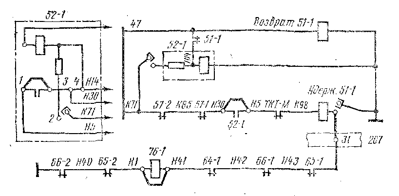 Схема пересоединений проводов при обрыве цеп и намагничивающей катушки дифференциального реле 52-1