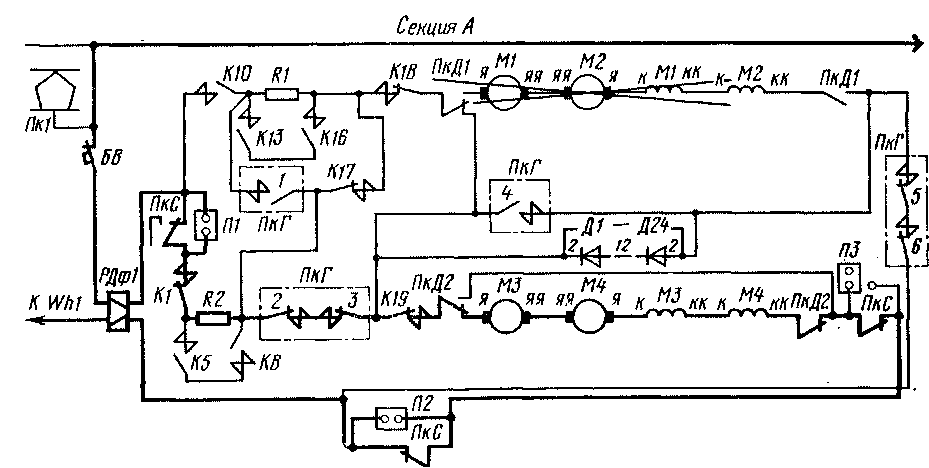 Схема силовых цепей секции А двухсекционного электровоза ВЛ11 иа 22-й позиции главной рукоятки контроллера машиниста, реверсивно-селектив-ной - в положении М при отключении неисправных тяговых электродвигателей М1, М2