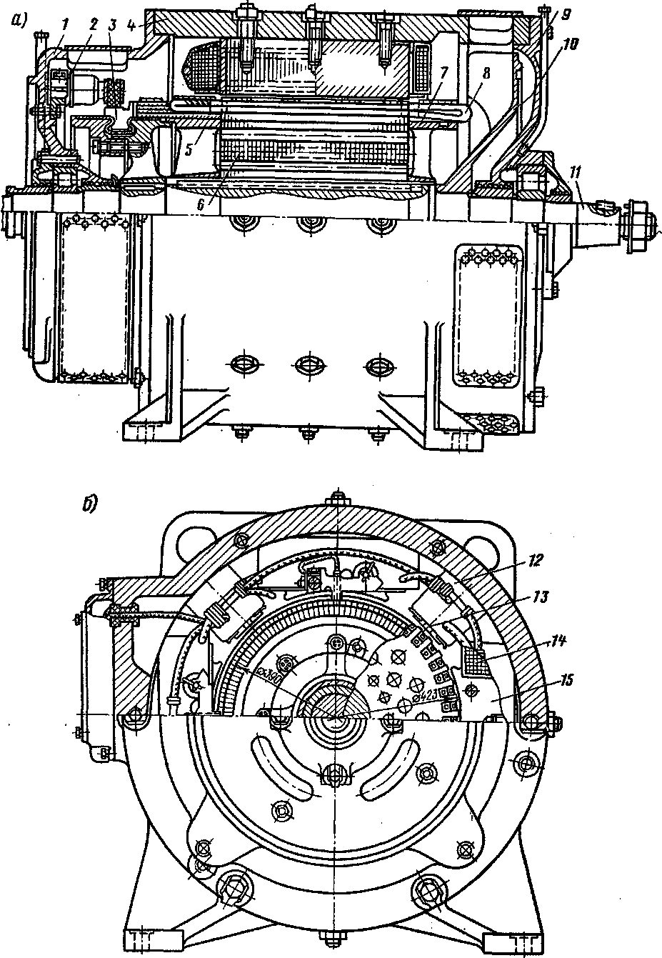 Продольный (а) н поперечный (б) разрезы электродвигателя ТЛ-110М