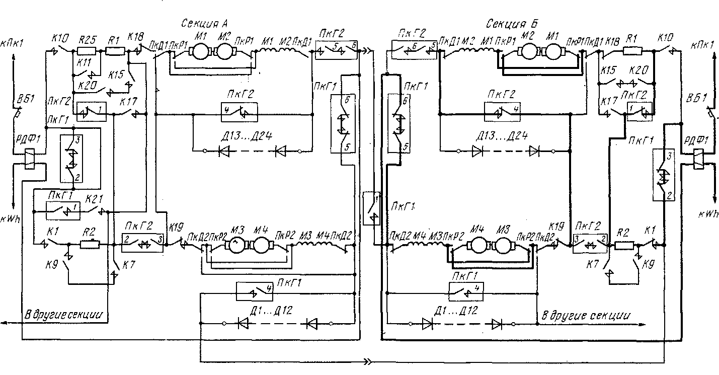 Схема силовых цепей двухсекционного электровоза на 19-й позиции главной рукоятки контроллера машиниста при отключении неисправных тяговых электродвигателей МІ, М2 секции А