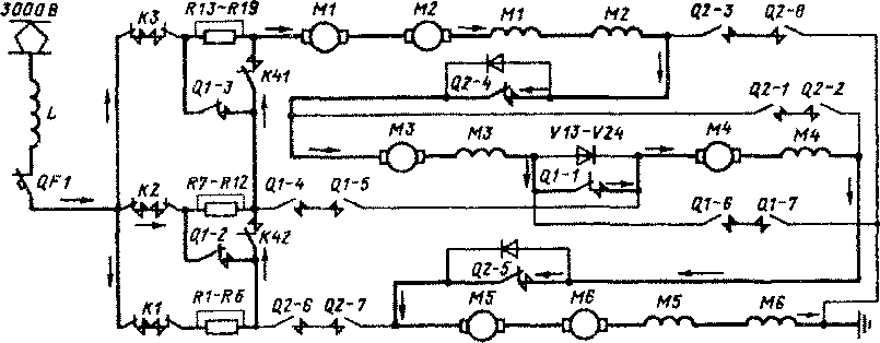Схема силовых цепей электровоза ВЛ15-040 на 20-й позиции главной рукоятки контроллера машиниста.