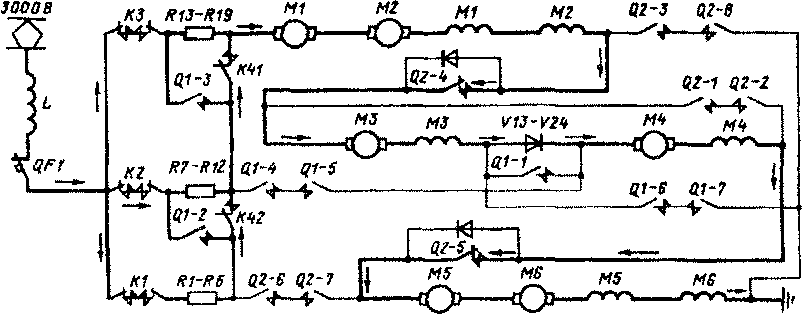 Схема цепей тяговых электродвигателей при переходе с С на СП соединение. Переходная позиция Х2.