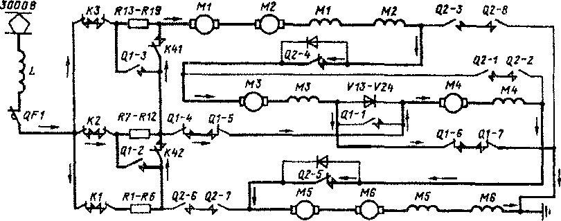 Схема силовых цепей электровоза ВЛ15-040 на 21-й позиции главной рукоятки контроллера машиниста (переходная позиция ХЗ). Соединение тяговых электродвигателей - 