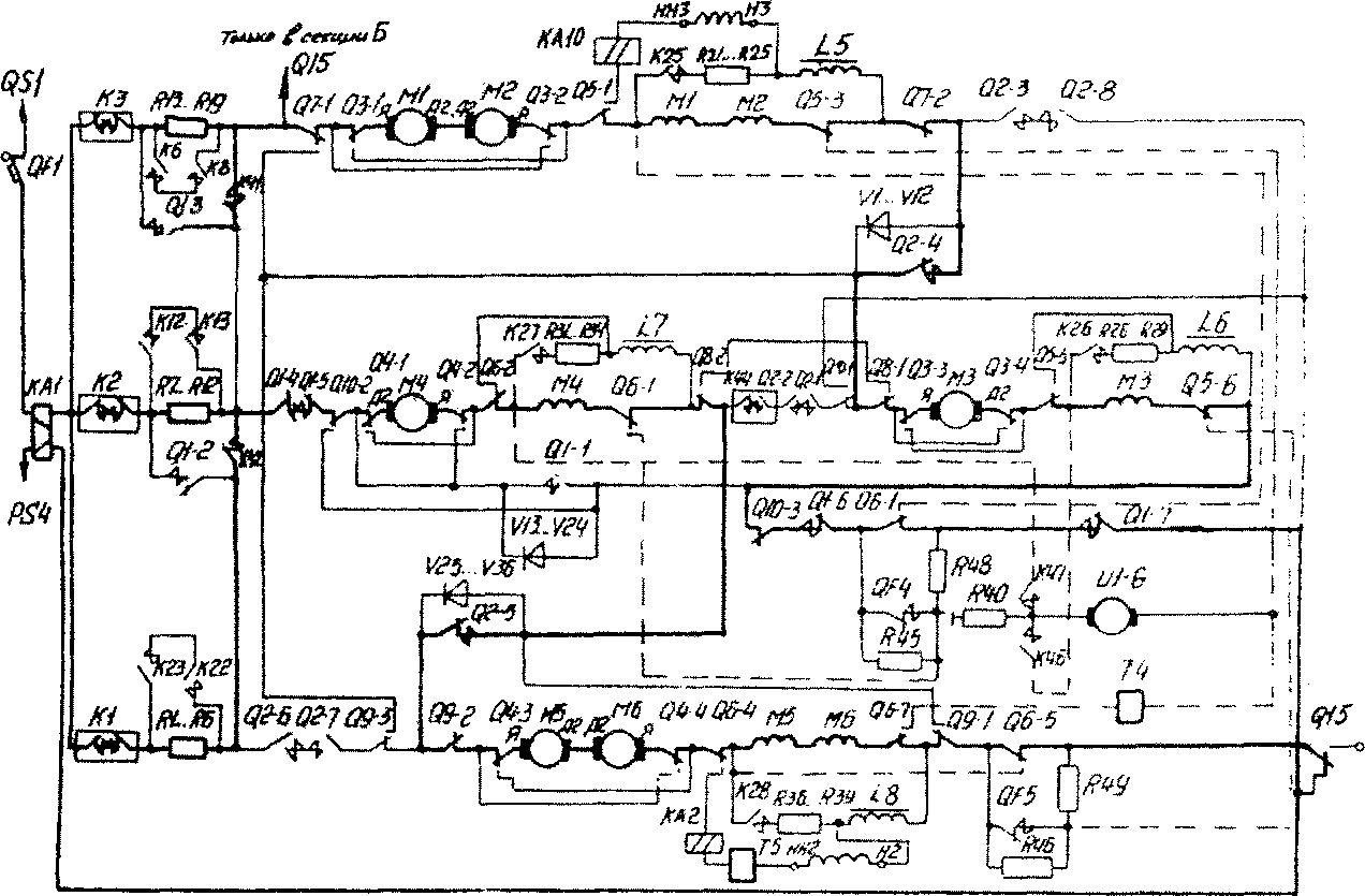 Схема силовых цепей электровоза ВЛ15-040 на 21-й позиции главной рукоятки контроллера машиниста. Соединение тяговых электродвигателей 