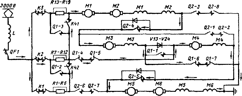 Схема силовых цепей одной секции электровоза ВЛ15-040 на 35-й позиции главной рукоятки контроллера машиниста.