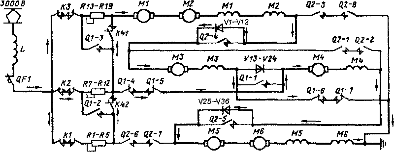 Схема цепей тяговых двигателей при переходе с СП на П-соединение. Переходная позиция XI.