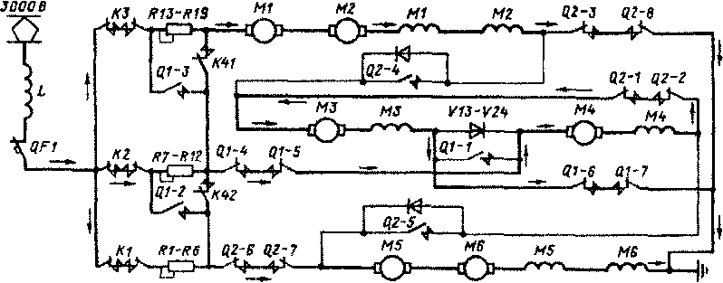 Схема силовых цепей электровоза ВЛ15-040 на 36-й позиции главной рукоятки контроллера машиниста (переходная позиция Х2). Соединение тяговых двигателей - 