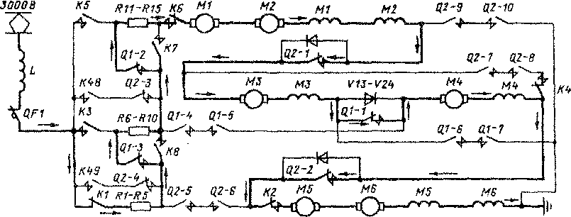 Силовая схема одной секции электровоза ВЛ15-001 на 2-й позиции главной рукоятки контроллера машиниста.