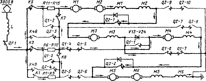 Силовая схема одной секции электровоза ВЛ15-001 на 21-й позиции главной рукоятки контроллера машиниста. Соединение тяговых двигателей - 