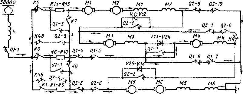 Схема силовых цепей электровоза ВЛ15-001 на 36-й позиции главной рукоятки контроллера машиниста. Соединение тяговых двигателей - 