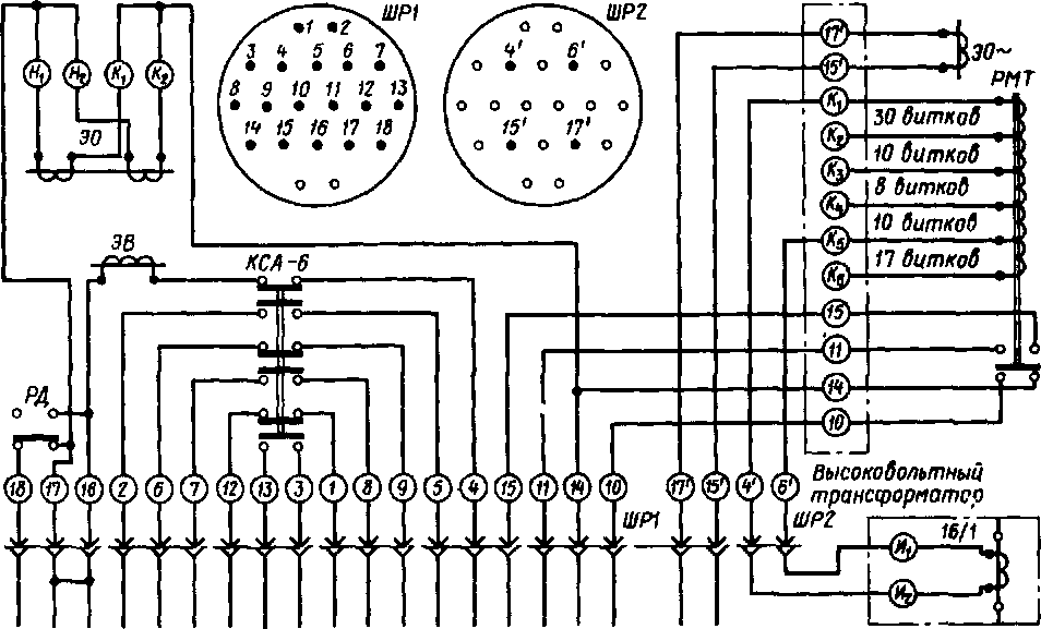 Схема штепсельных разъемов ШР1 и ШР2 главного выключателя ВОВ-25-4М