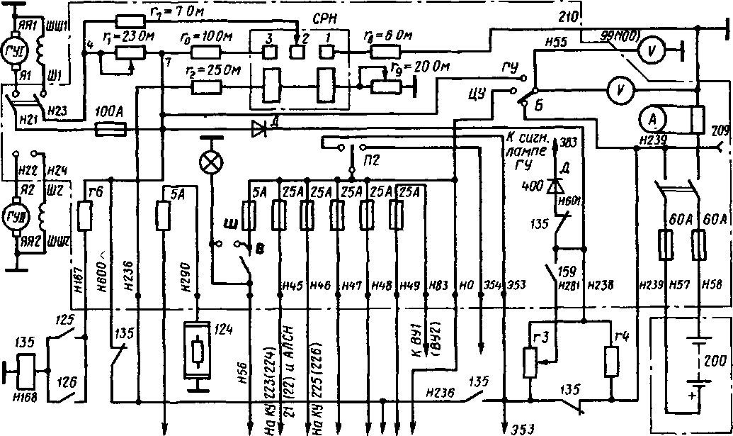 Принципиальная схема распределительного щита и цепи подзаряда аккумуляторной батареи