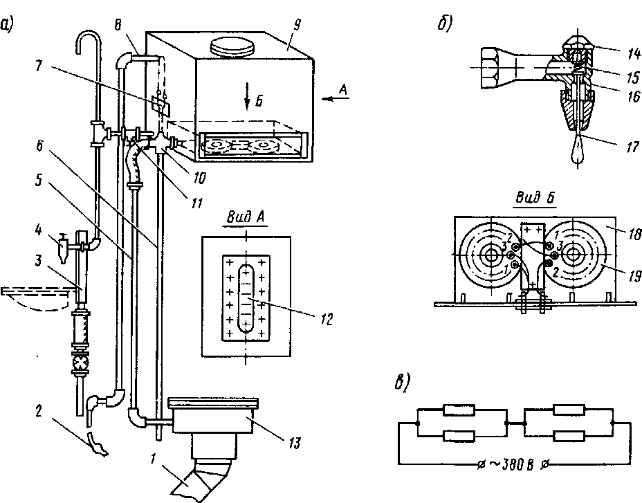 Схема санузла (а), кран умывальника (б) и схема включения нагревательного элемента (в)