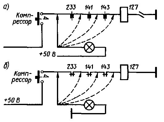 Схема обнаружения короткого замыкания (а) и обрыва цепи (б) с помощью контрольной лампы