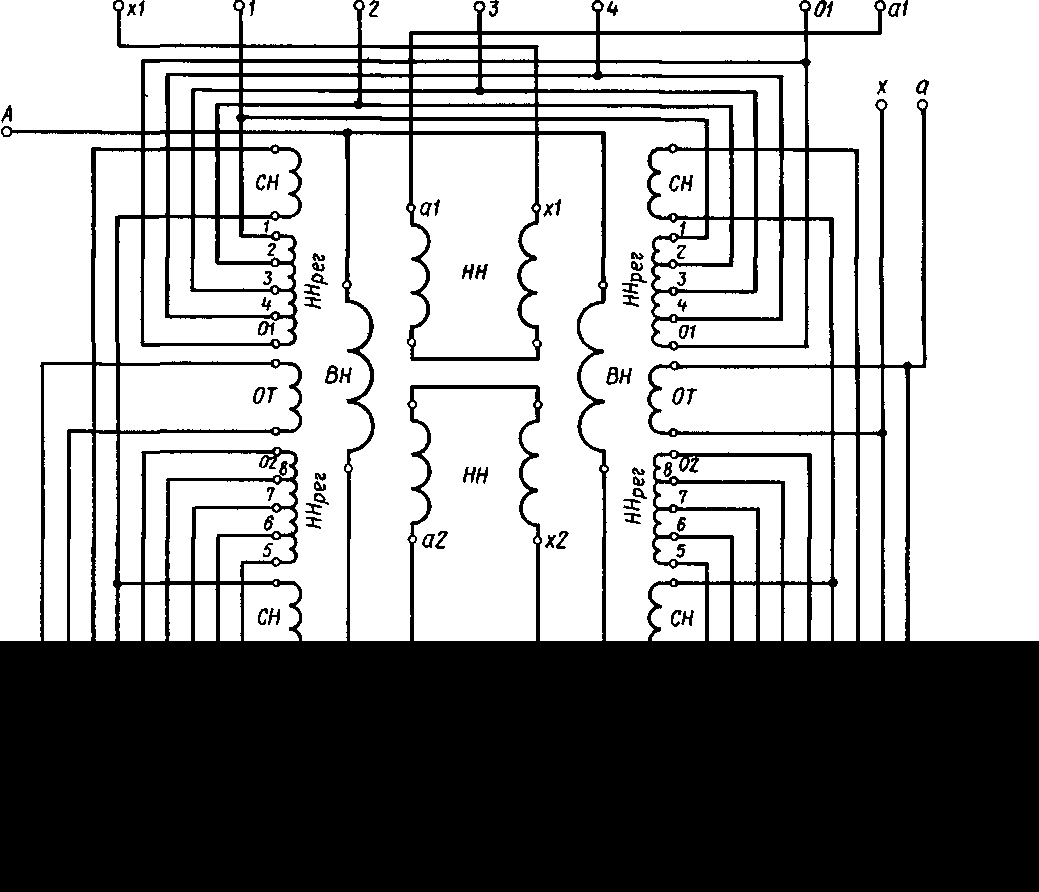 Схема соединений и расположения обмоток трансформатора ОДЦЭ-6000/25П-80