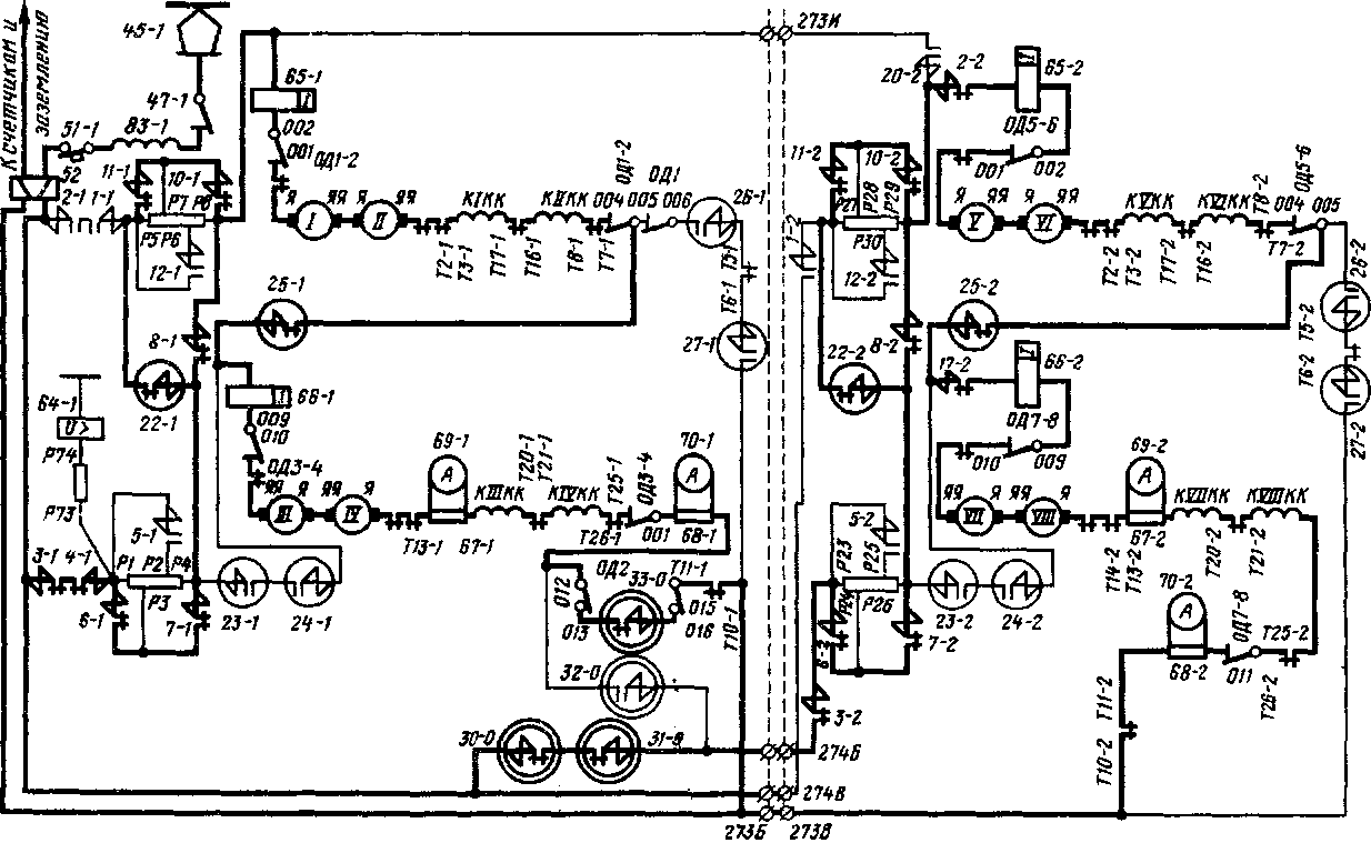 Схема силовой цепи электровоза на 27-й позиции главной рукоятки контроллера машиниста