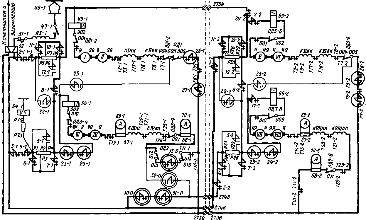 Схема силовой цепи электровоза на 37-й позиции главной рукоятки контроллера машиниста