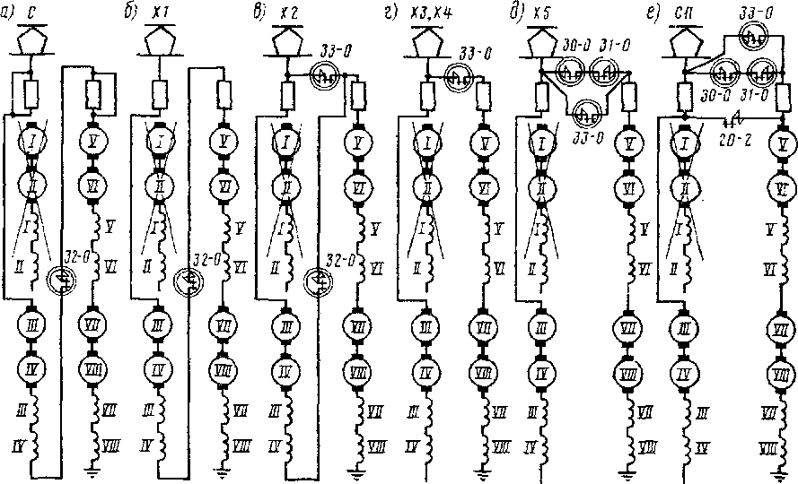 Принципиальные схемы перехода с последовательного на последовательно-параллельное соединение при отключенных тяговых двигателях 1 и 77