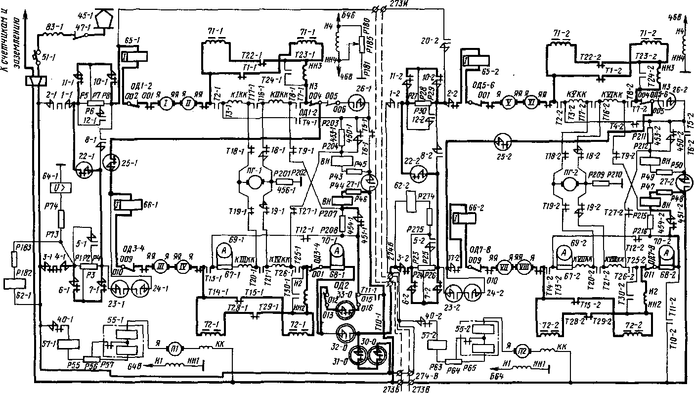 Схема силовой цепи при рекуперативном торможении на последовательно-параллельном соединении обмоток якорей тяговых двигателей