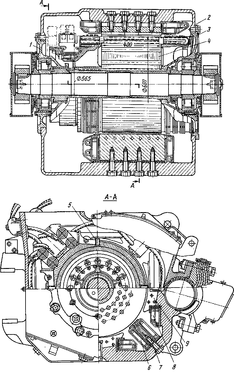 Продольный и поперечный разрезы двигателя НБ-406Б