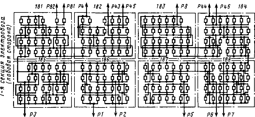 Схема соединения ящиков пусковых резисторов в 1-й секции электровоза