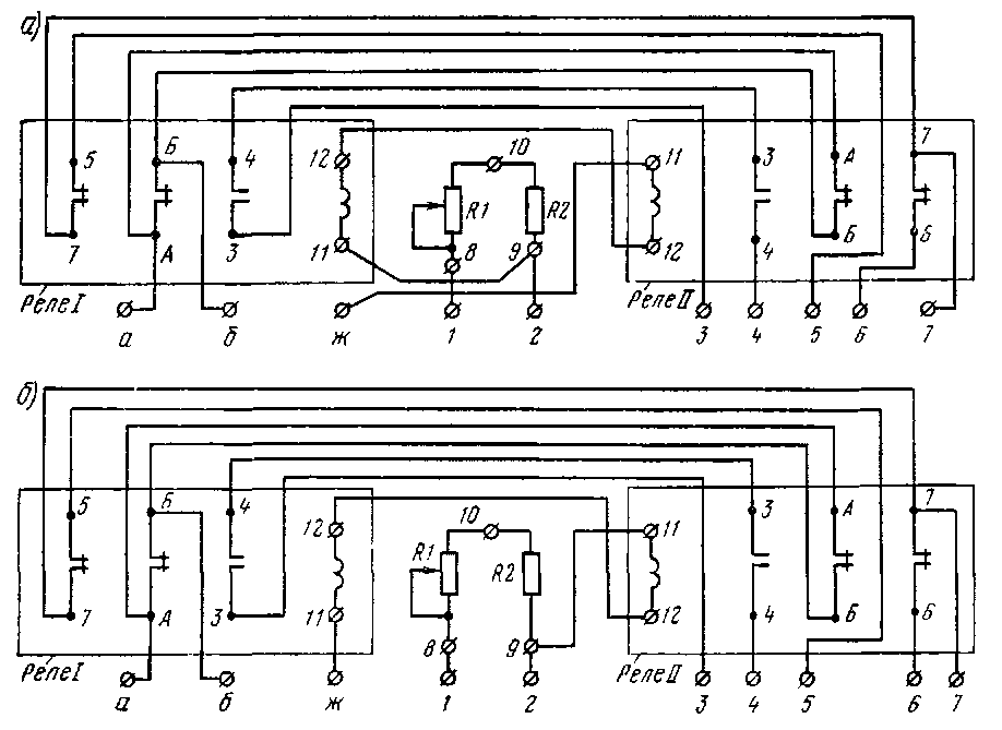 Принципиальные электрические схемы низковольтных цепей блоков дифферента тьных ре ie БРД-356 (а) и БРД-204 (б)