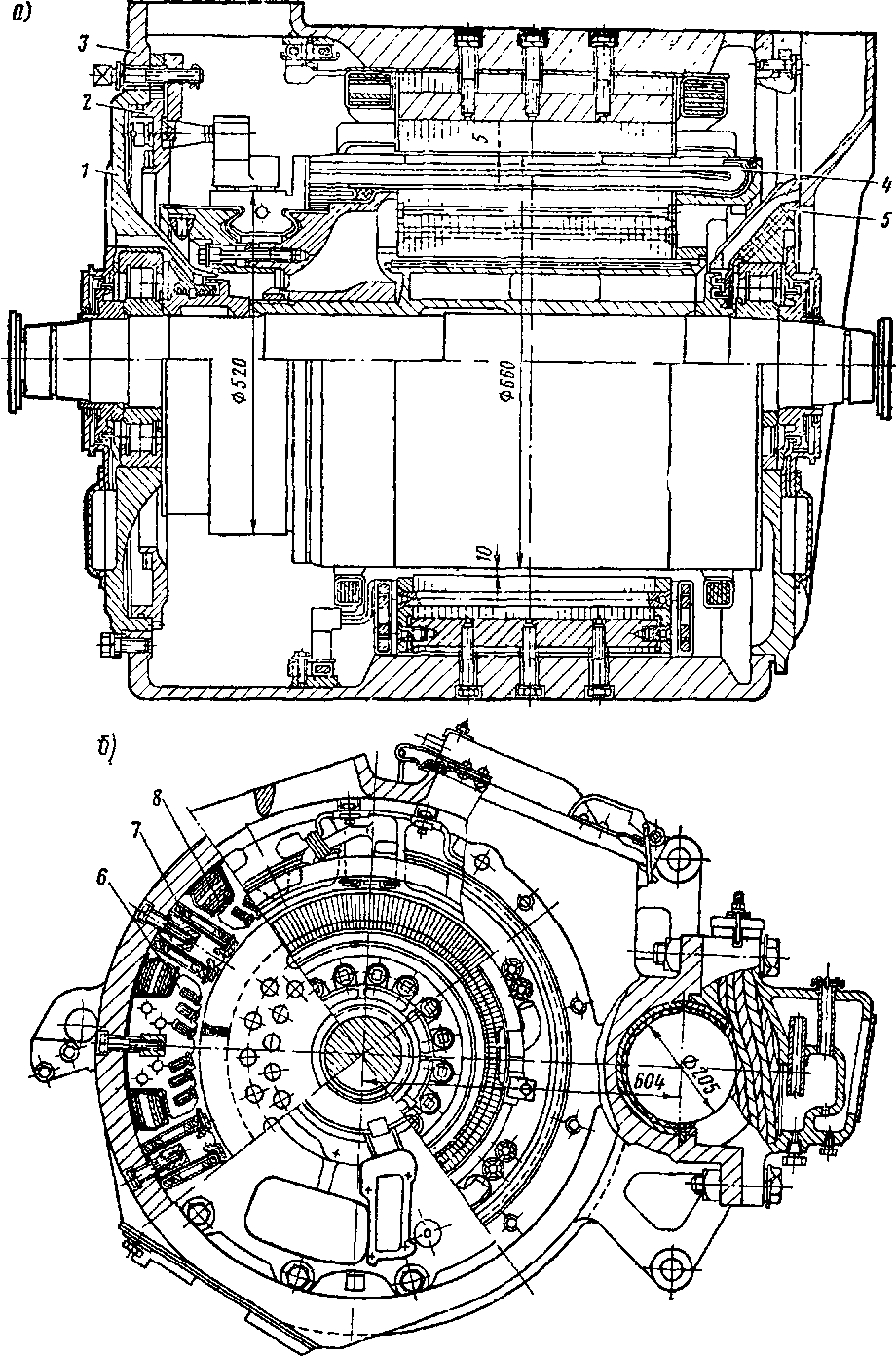 Продольный (а) и поперечный (б) разрезы тягового электродвигателя