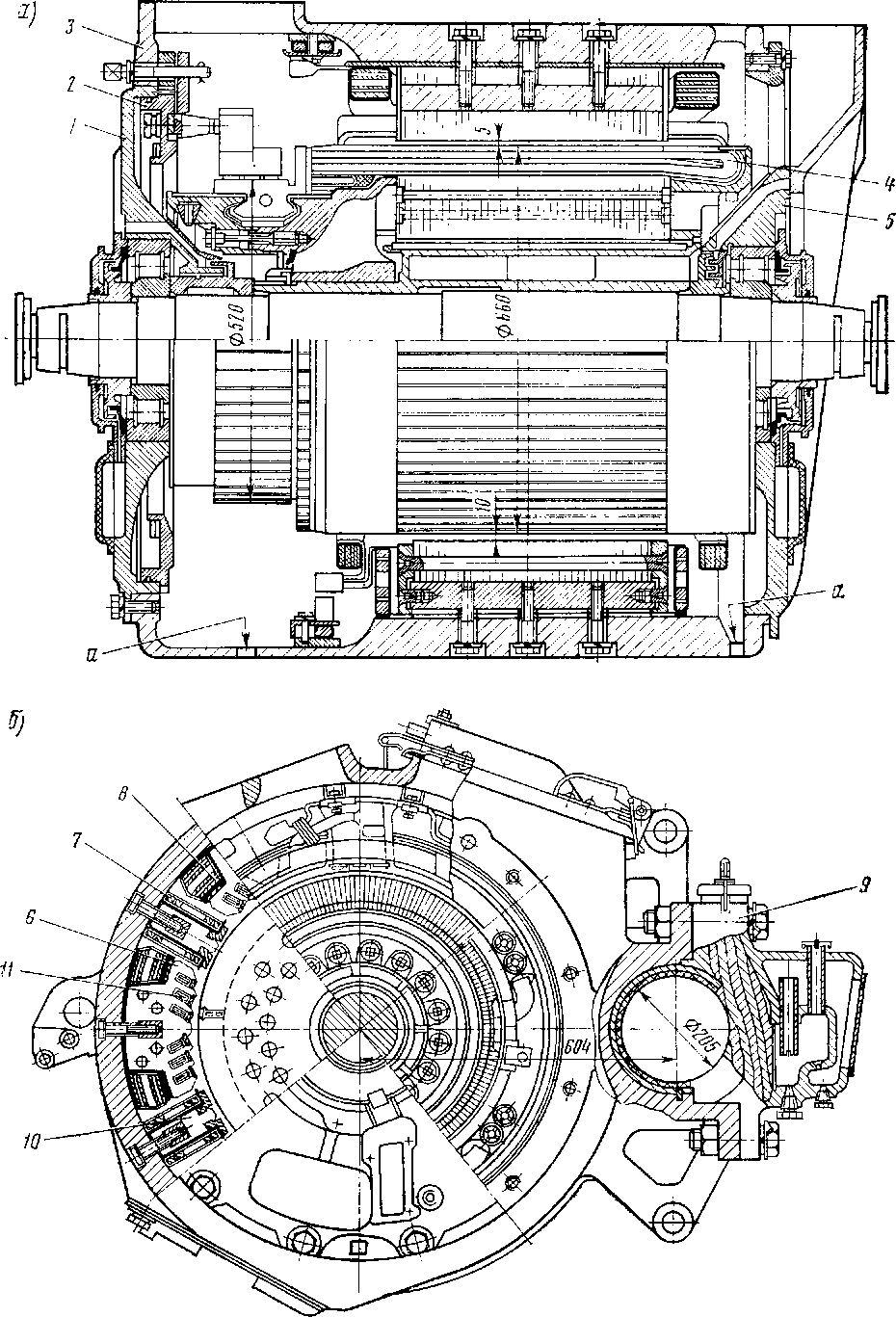 Продольный (а) и поперечный (б) разрезы тягового двигателя НБ-418К6