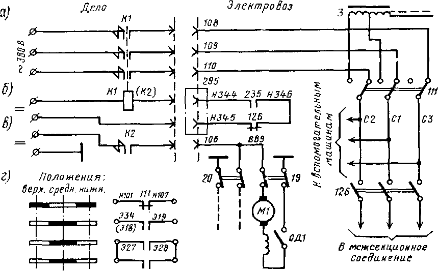 Схема электрических цепей переключателя 111 и контакторов К1 и К2